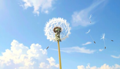 Fototapeta premium A lone dandelion stands tall against a vibrant blue sky