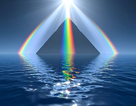 A pyramid sits in reflective water, struck by a bright light source. Light refracts into a rainbow