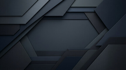Obraz premium Dark geometric panels overlapping creating layered abstract background with hexagons and rectangles in black and gray tones