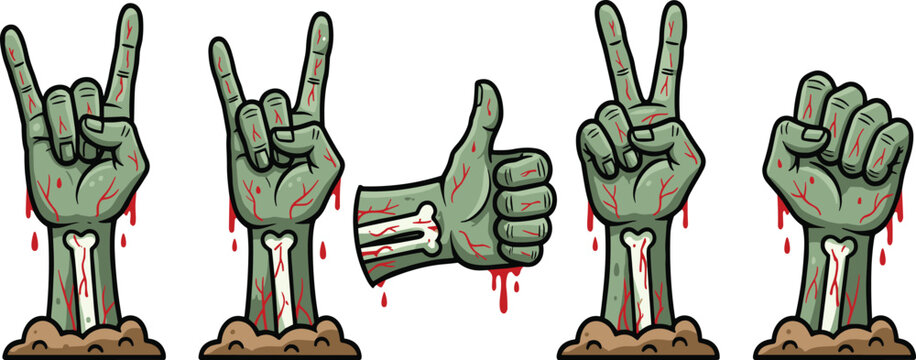 Zombie hands rising from ground showing rock peace thumbs up and fist gestures cartoon horror vector illustration set