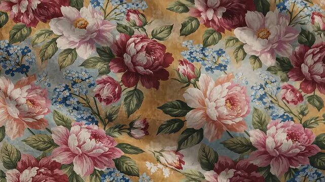 Vintage floral seamless pattern with delicate roses and hydrangeas in soft pastel colors on a textured yellow background elegant fabric design.