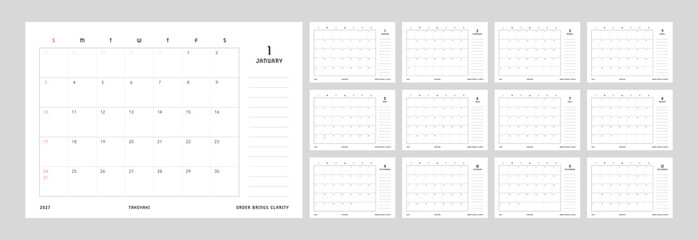 2027 Calendar Template Minimal Calendar, 2027 Calendar Horizontal Desk Planner Simple Clean Layout Vector Sunday Start
