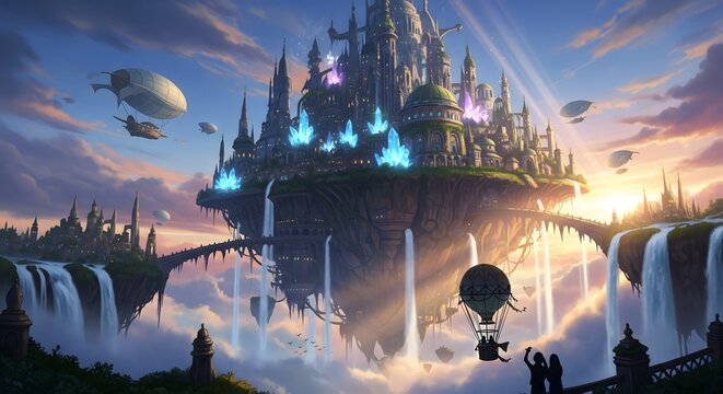 Floating Fantasy Island City with Airships and Waterfalls