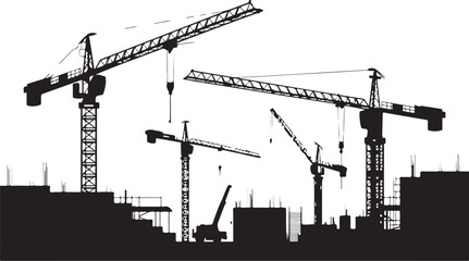 Black silhouette construction site with cranes white background