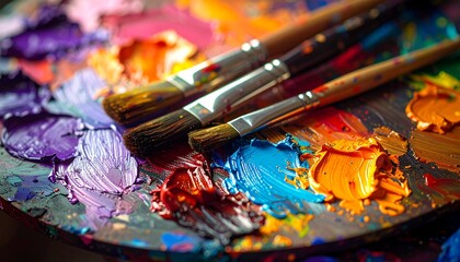 Obraz premium painter's palette with thick oil paint textures and brushes, 