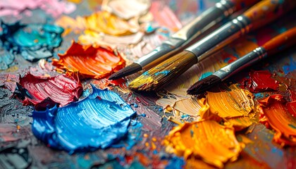 Fototapeta premium painter's palette with thick oil paint textures and brushes, 