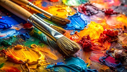 Fototapeta premium painter's palette with thick oil paint textures and brushes, 