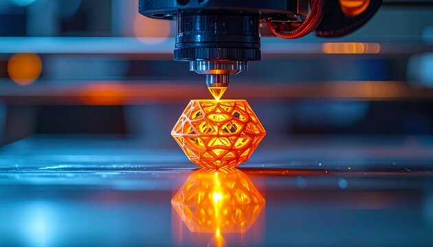 Close up of a 3d printer nozzle extruding glowing neon filament, creating 