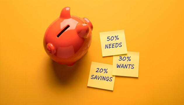 A bright orange piggy bank sits beside three yellow sticky notes detailing the 50/30/20 budgeting rule, illustrating a clear strategy for effectively managing personal finances by allocating funds