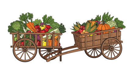 Fototapeta premium Two traditional wooden carts overflow with a colorful variety of fresh organic vegetables including carrots, pumpkins, and leafy greens.