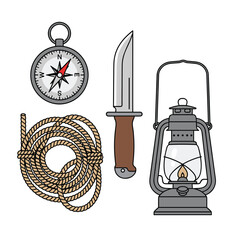 Camping Gear Essentials - Compass, Knife, Lantern, and Rope.