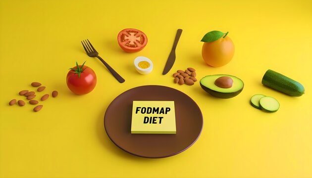 Illustration representing the low fodmap diet concept featuring various fresh ingredients surrounding a plate with a reminder note on a vibrant yellow background