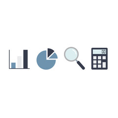 Business Analytics Icons - Bar Chart, Pie Chart, Magnifying Glass, Calculator.