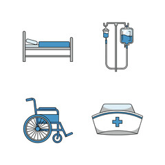 Set of Medical Icons - Hospital Bed, IV Drip, Wheelchair, Nurse Cap.