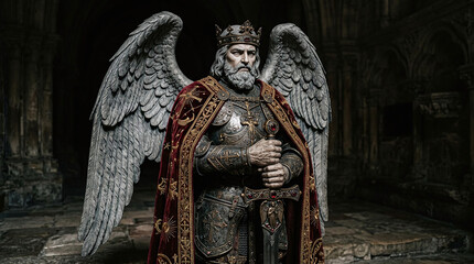 A winged king in ornate armor and a jeweled crown holds a sword, standing in a dark, stone interior with arched architecture.