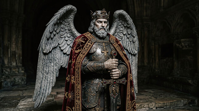 A winged king in ornate armor and a jeweled crown holds a sword, standing in a dark, stone interior with arched architecture.