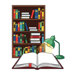 Illustration of a Bookshelf with an Open Book and Lamp.