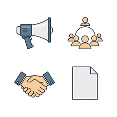 Set of four business icons representing communication, teamwork, agreement, and documents.