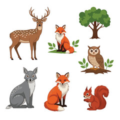 Collection of Forest Animals and Tree Illustration.