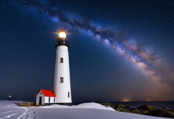 Stunning Milky Way over a lighthouse on a snowy coast