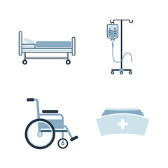 Set of medical equipment icons including hospital bed wheelchair IV stand and nurse cap.