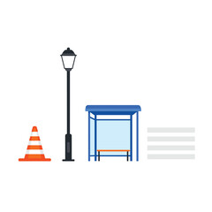 Bus Stop Elements Collection Vector Illustration.