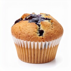 Delicious Homemade Blueberry Muffin with Paper Liner on White Background