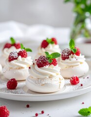 Sweet Meringue Desserts Topped with Whipped Cream and Ripe Red Raspberries