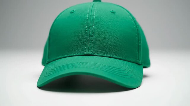 A frontal view captures a bright green, simple, and clean baseball cap
