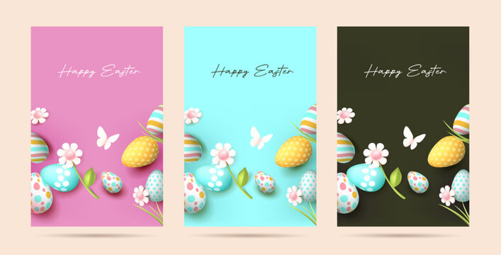 Easter poster banner background with easter eggs frame and spring flowers butterfly