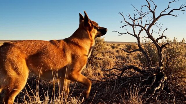 German shepherd on the sunlit argentine pampas sprinting across dry grass under a clear blue sky