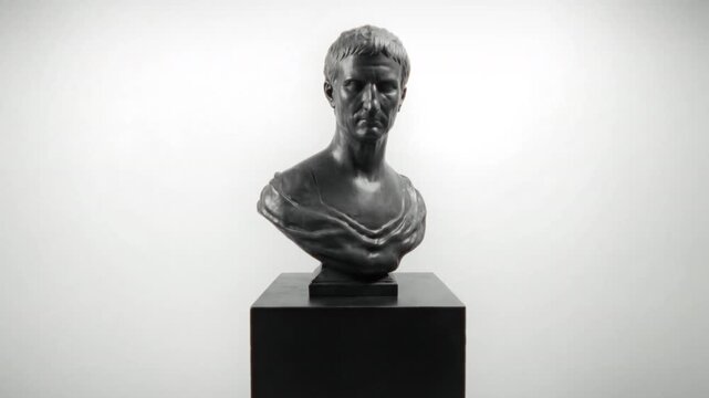 Traditional artistic study of bust with refined lighting and textured finish. Historical sculpture positioned on pedestal with nuanced shading and warm neutral background colors