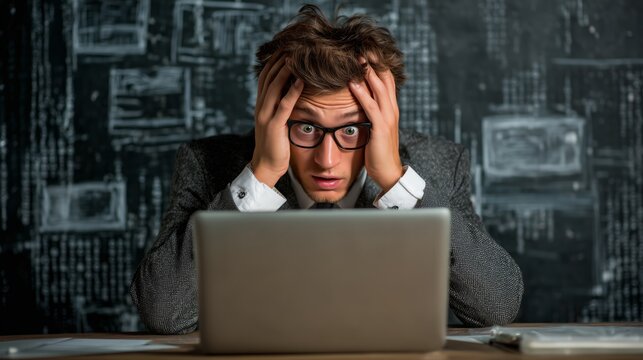 Businessman with hands on head feeling stressed, overwhelmed, and shocked by a problem on his laptop