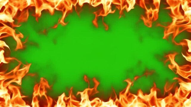 Fiery Green Screen Frame with Blazing Flames and Burning Inferno Effect.