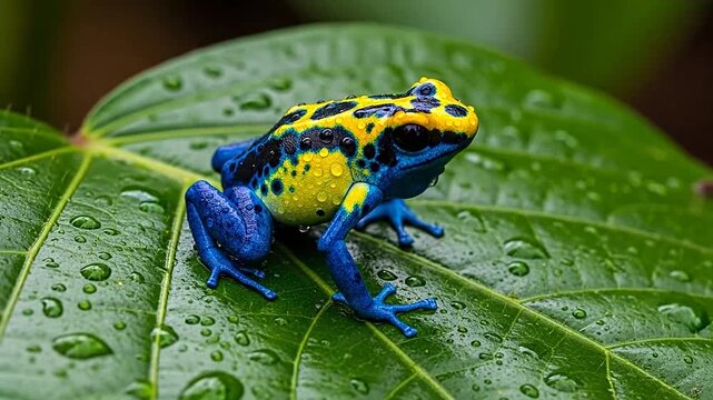 Poison dart frog on wet leaf.