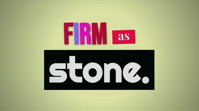 Animated motivation quote FIRM as stone appears on a striped background symbolizing strength and resolve