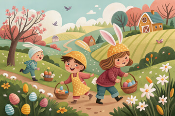 Fototapeta premium Three children wearing bunny hats race along a path, carrying baskets filled with colorful Easter eggs - colorful illustration - Generative AI.