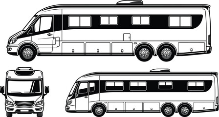 Luxury Motorhome RV Camper Van in Side and Front View Detailed Line Art IllustrationLuxury Motorhome RV Camper Van in Side and Front View Detailed Line Art Illustration