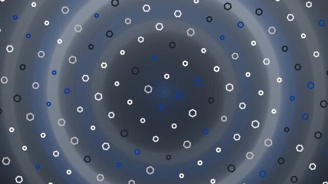 Small various colored hexagonal shapes floating and appearing on a dark blue radial background