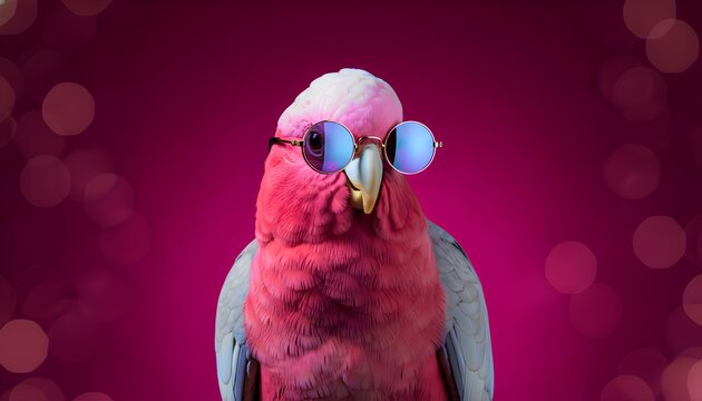 A charming and cool galah parrot bird with striking pink and grey plumage stands proudly against a vivid magenta background, sporting stylish round sunglasses that reflect a playful light, creating a