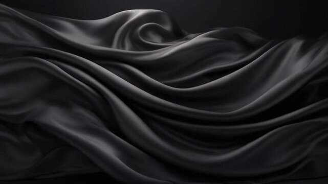 Elegant black satin fabric with a smooth silk texture creates a luxury textile backdrop featuring soft waves and shiny drapery curves for a sophisticated fashion design material