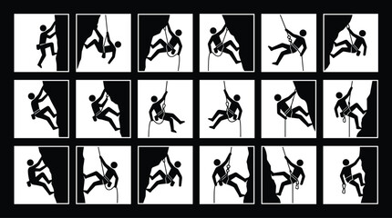 Rock Climbing Silhouette Set Showing Different Rappelling and Mountaineering Poses in Minimal Black and White Style