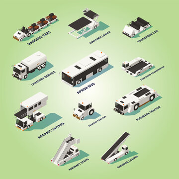 Airport ground vehicles support equipment isometric flowchart with aircraft steps caterer passenger bus baggage loader vector illustration