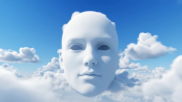 A human-like face crafted from clouds floats against a blue sky