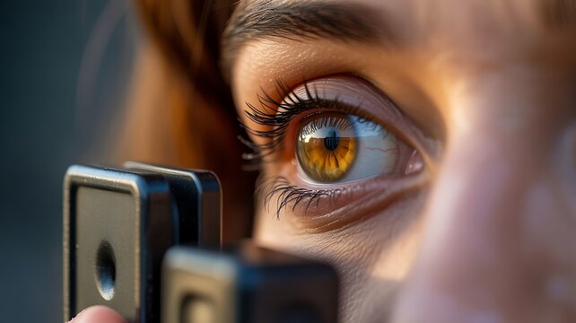 Close up portrait of woman eye during professional vision test with autorefractor machine in optical clinic