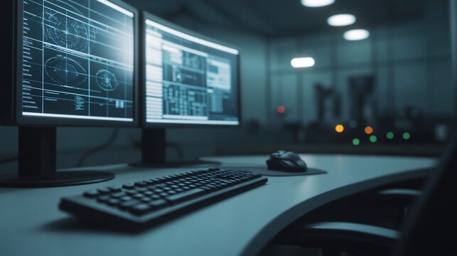 Hardened integrated air and missile defense surveillance center integrating multi-band radar analytics with interception command interface inside fortified security compound.