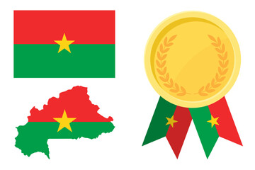 Fototapeta premium Burkina Faso flag with map and gold medal in set for web and banners or app and games