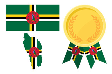 Fototapeta premium Dominica flag with map and gold medal in set for web and banners or app and games