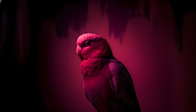 Striking portrait of a small parrot illuminated dramatically by deep magenta light creating an intense and moody avian profile against a dark background.