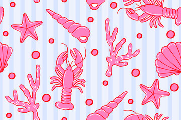 Seamless pink under the sea pattern with lobster starfish coral shells and bubbles on soft striped background